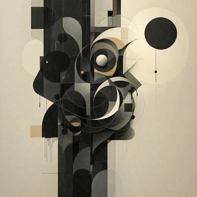 The primary subject of the image is a black and white drawing of a face. The setting is a white background, and the visual style appears to be a combination of digital art and illustration. The drawing features a mix of black and white, as well as some gray tones. The overall atmosphere of the image is somewhat mysterious and intriguing, as the face is surrounded by a complex pattern of shapes and lines.